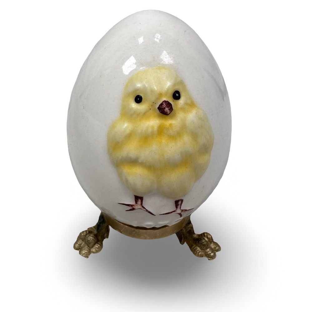 Goebel 1978 West Germany Porcelain Chick in Egg Figurine on Bird Foot Stand